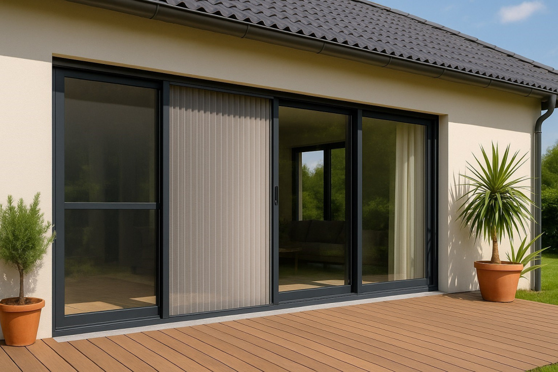 Moustiquaire lat&eacute;rale pliss&eacute;e sur baie vitr&eacute;e.